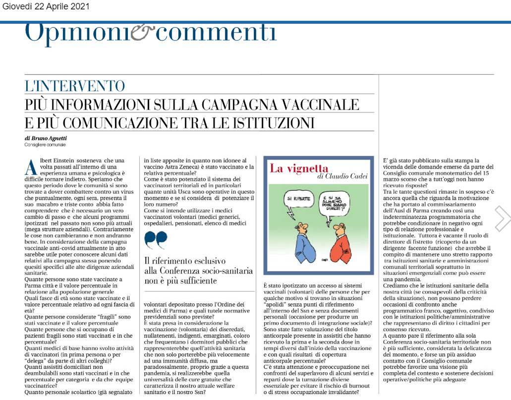 Articolo Gazzetta di Parma "Più informazioni sulla campagna vaccinale e più comunicazione tra le istituzioni"